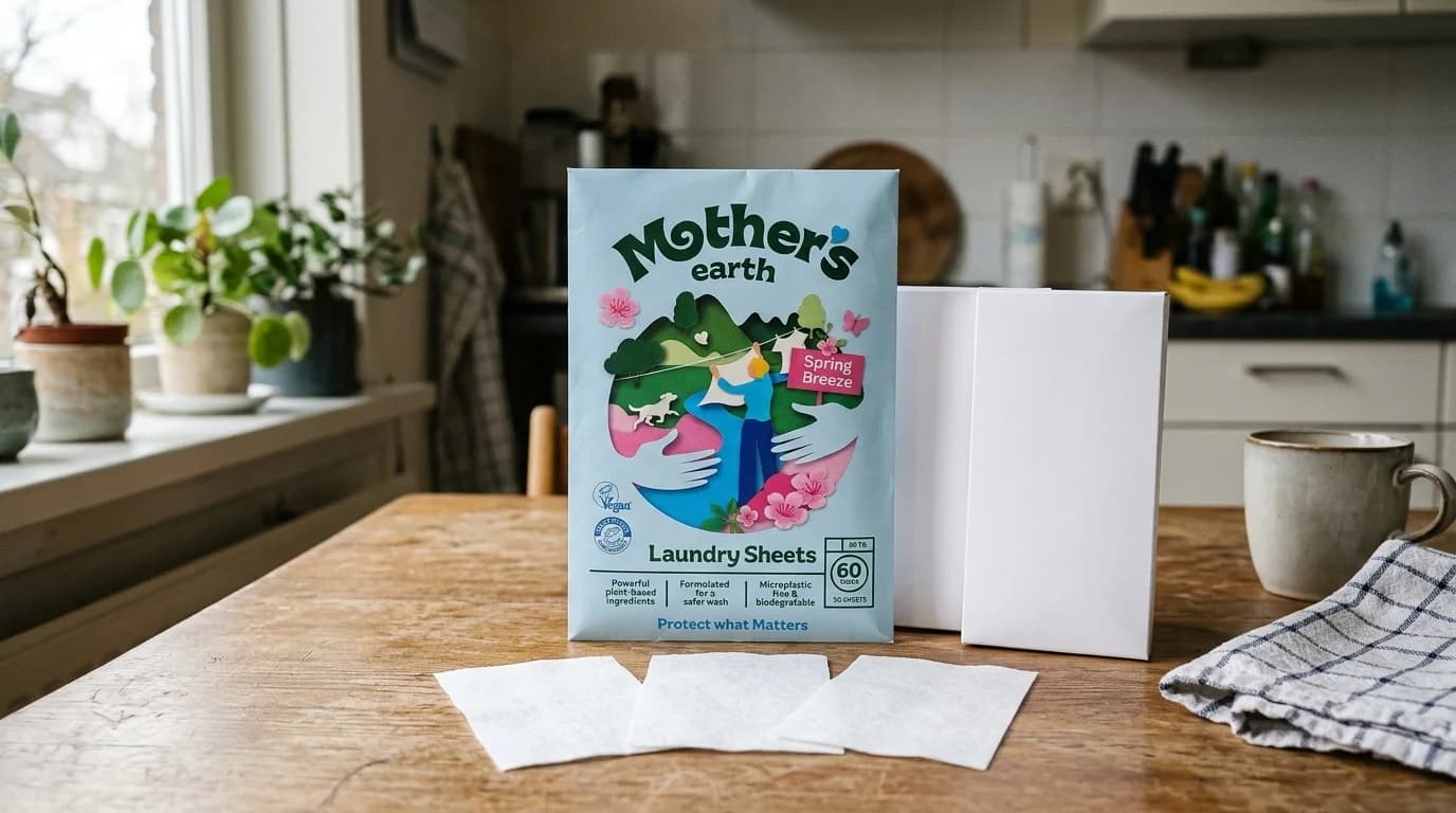 Pak Mother's Earth wasstrips naast twee witte dozen, met losse wasstrips op een houten keukentafel