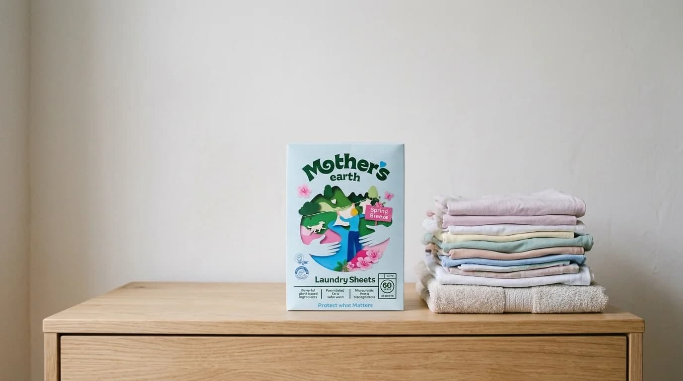 Pak Mother's Earth wasstrips op een houten kastje naast een stapel opgevouwen was