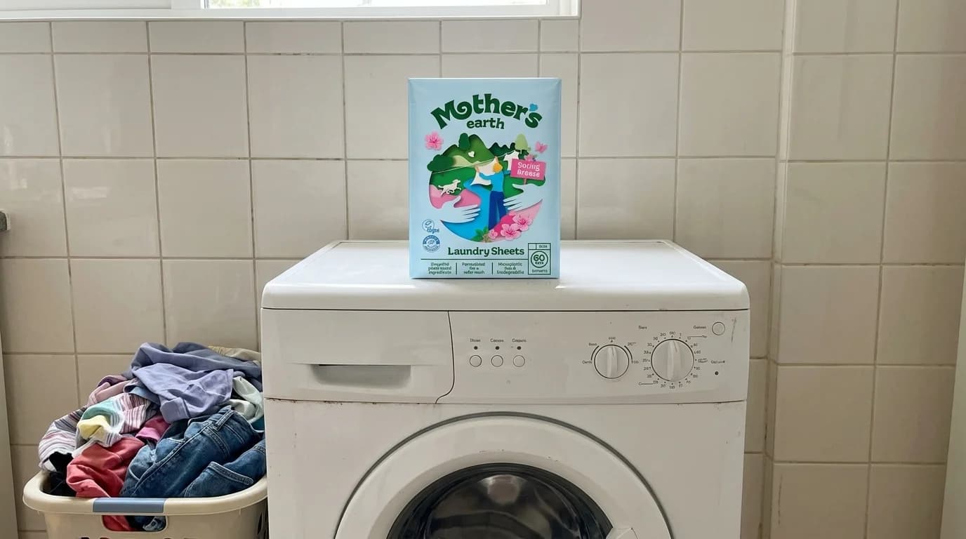 Pak Mother's Earth wasstrips op een wasmachine, met een wasmand vol kleding ernaast