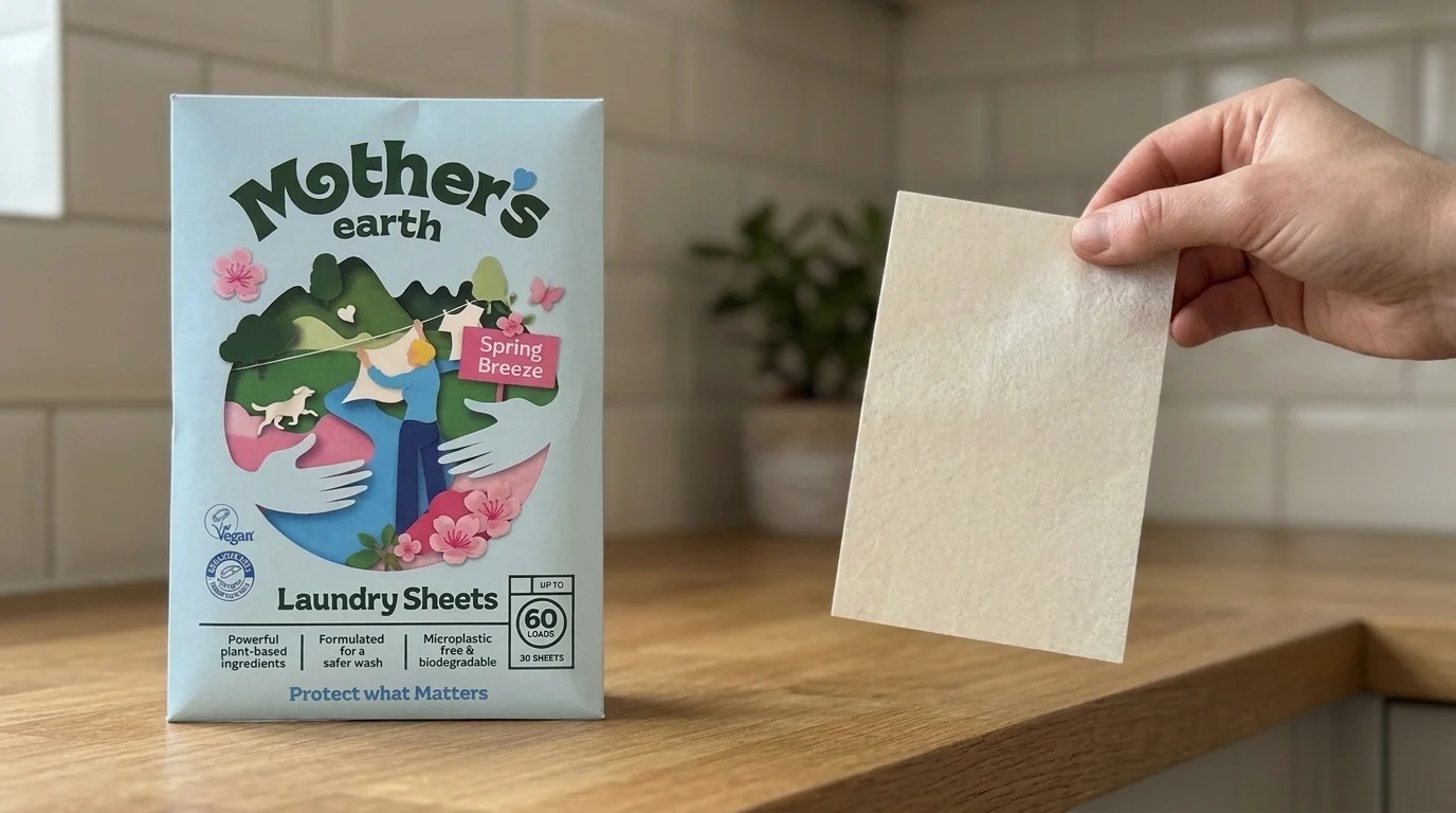 Hand houdt een losse wasstrip vast naast een pak Mother's Earth wasstrips op het aanrecht
