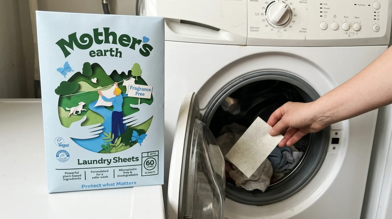 Hand legt een wasstrip in de trommel van een wasmachine, met een pak Mother's Earth ernaast