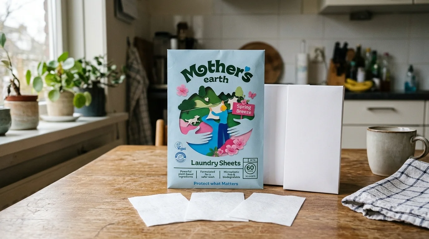 Pak Mother's Earth wasstrips naast twee witte dozen, met losse wasstrips op een houten keukentafel
