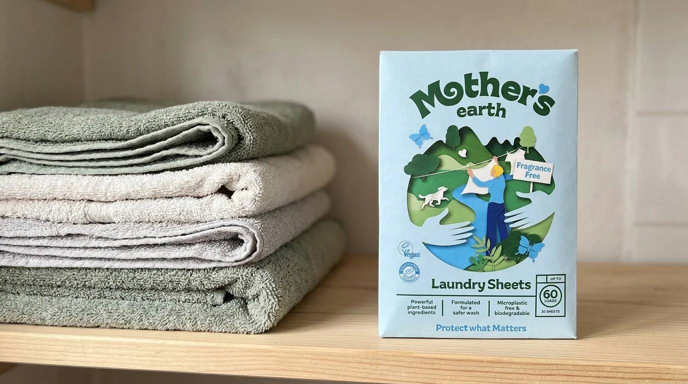 Pak Mother's Earth wasstrips naast een stapel opgevouwen handdoeken op een plank