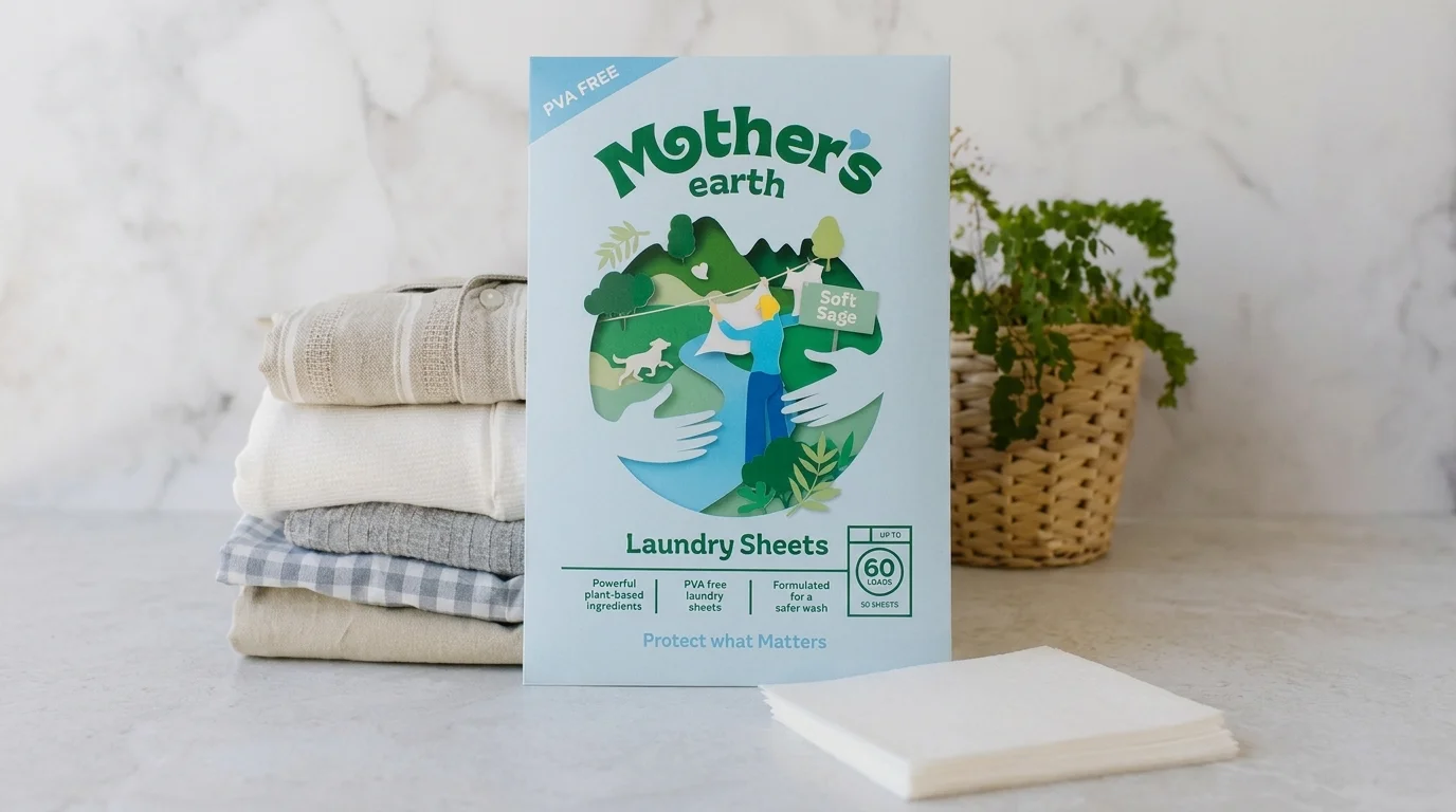 PVA-vrij pak Mother's Earth wasstrips naast opgevouwen kleding en een stapeltje losse strips